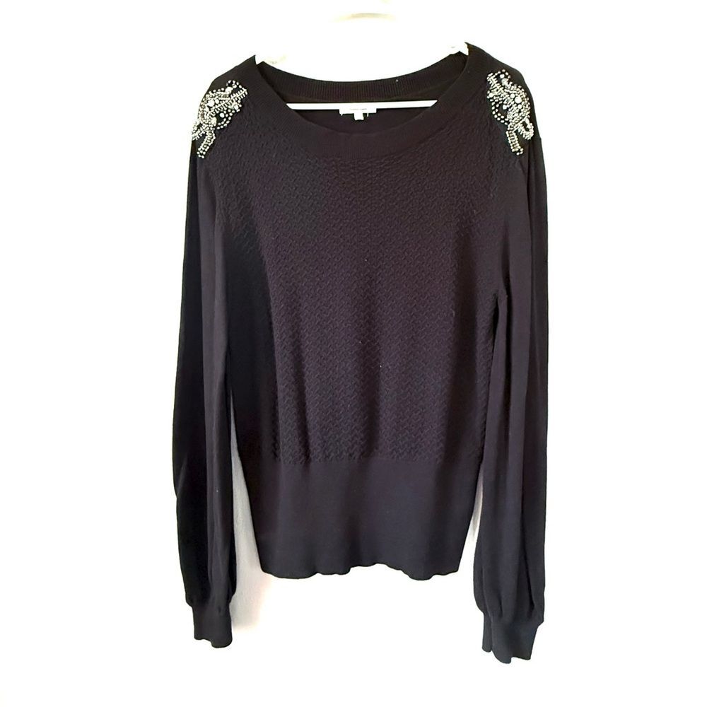 Maurices Sweater Tunic Top Long Sleeve Size L Black Rhinestones on the Shoulders